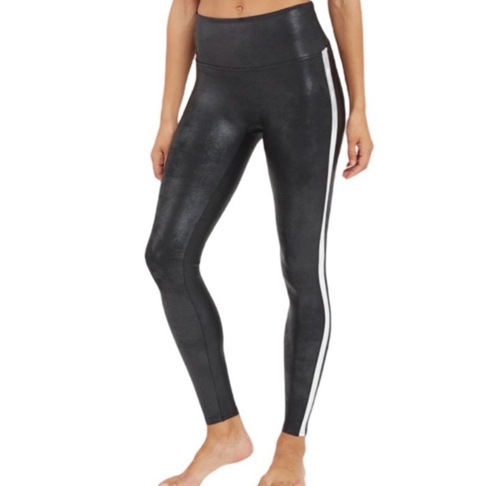 SPANX Faux Leather Leggings Black Side Stripe Size Small High Rise Stretch